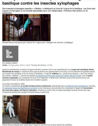 La Voix du Nord 22 Septembre 2020 Article orgues insectes xylophages 1