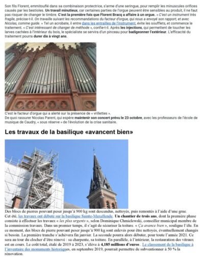 La Voix du Nord 22 Septembre 2020 Article orgues insectes xylophages 2